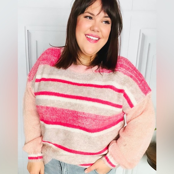 Reg. & Plus Size Soft Fuzzy Knit Pink Striped Sweater, Relaxed Fit, Multicolored - Picture 5 of 12